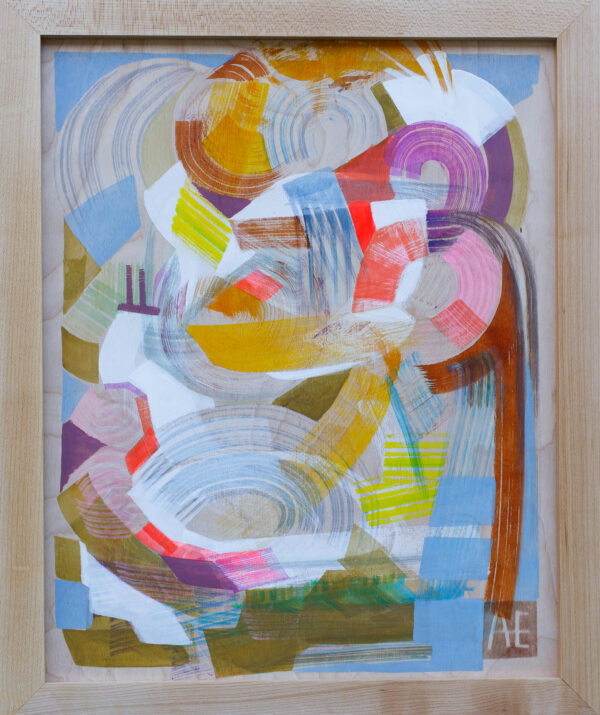 Abstract artwork with light colors painted on a wooden panel.