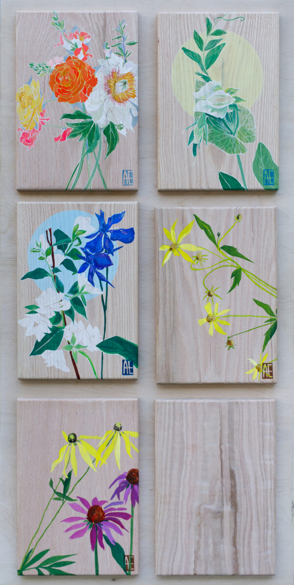 A set of six small paintings hanging on a wooden display panel.