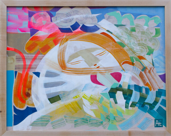 Abstract artwork containing blue, white, and colorful shapes painted on a wooden panel.