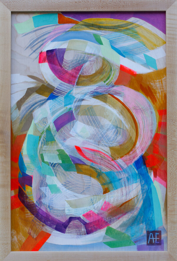 Abstract artwork featuring swirling colorful shapes painted on a wooden panel.