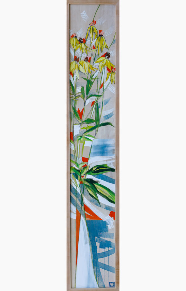 Long narrow painting of flowers and blue and white ribbons. The style is abstract with bold, intentional brush strokes, and is painted on a wooden panel.